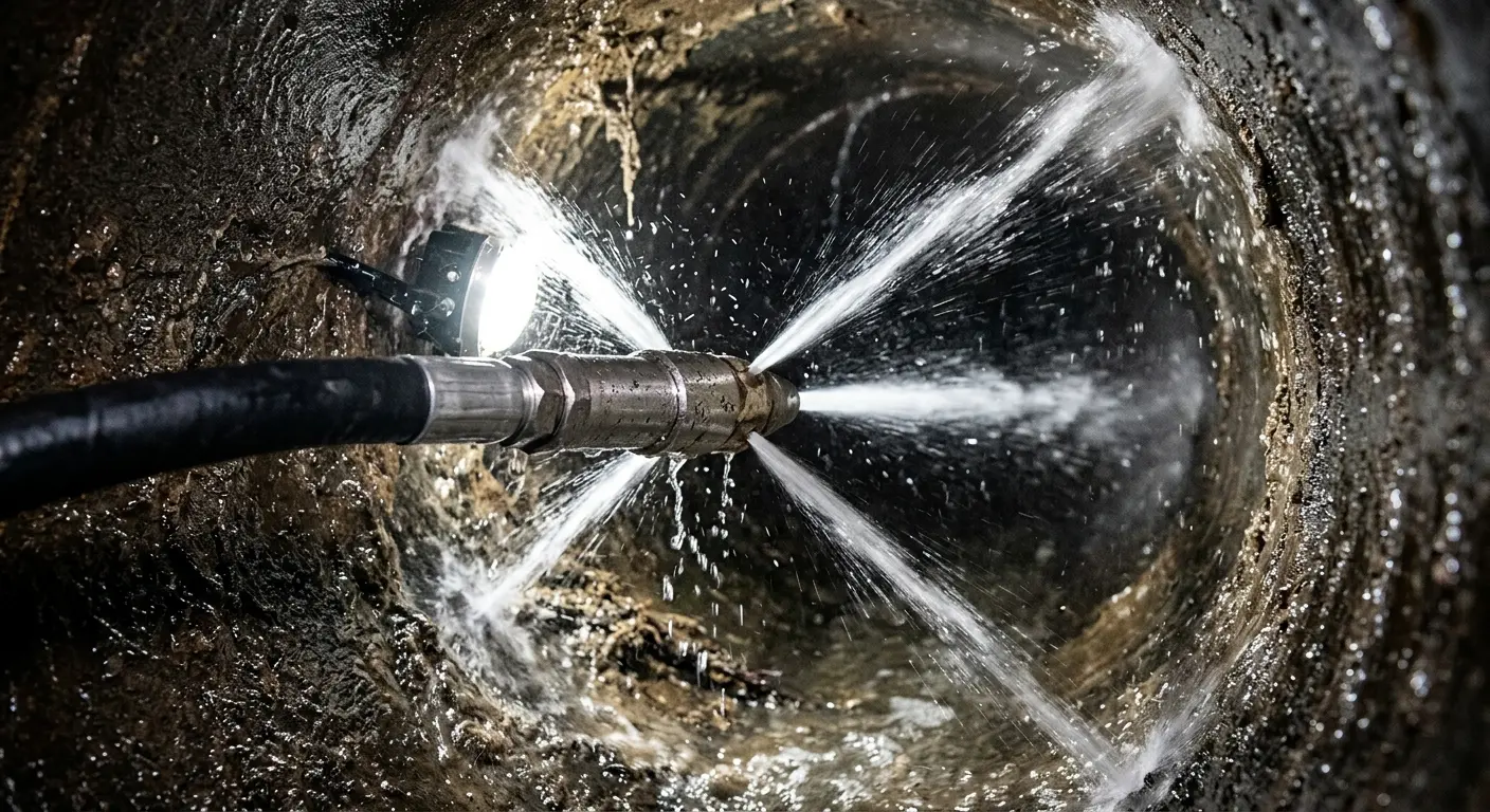 High-pressure hydro jetting nozzle cleaning sewer pipe for Emergency Drain Service in Lincolnton