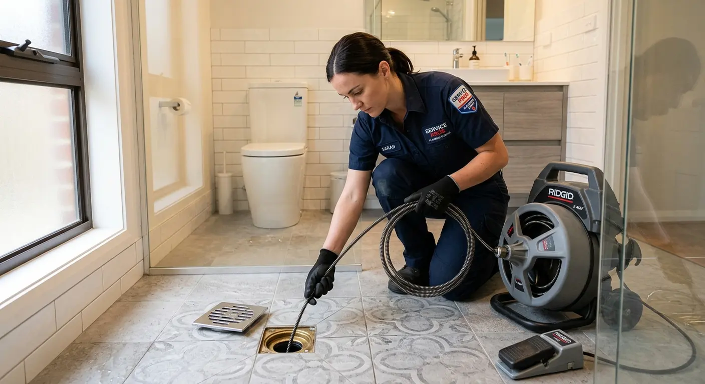 Technician clearing a bathroom floor drain for Sewer Line Installation in Lincolnton